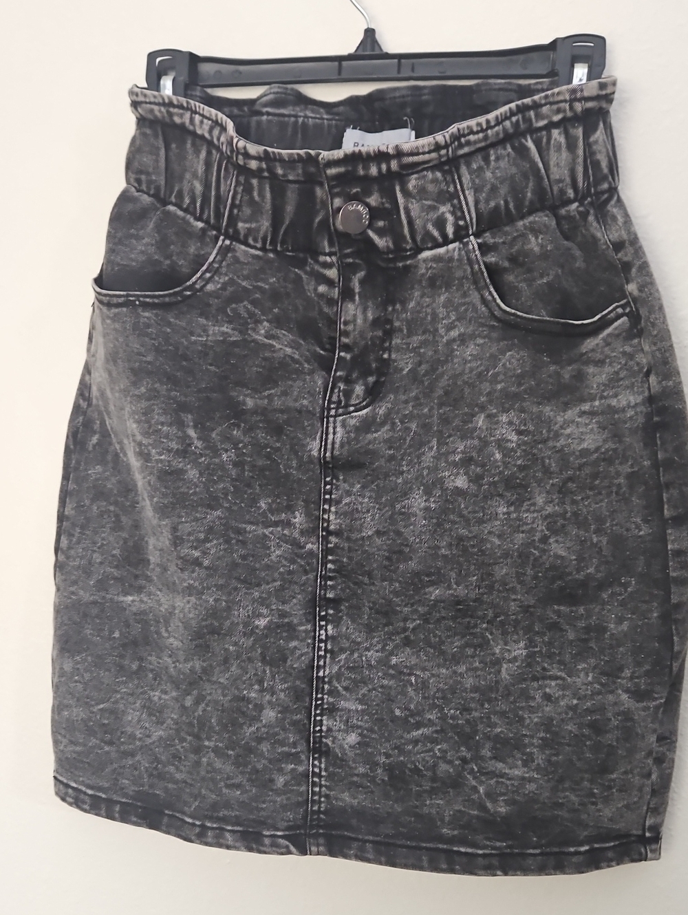 Black Acid Wash Denim Mini Skirt High Elastic Paperbag Waist Medium
